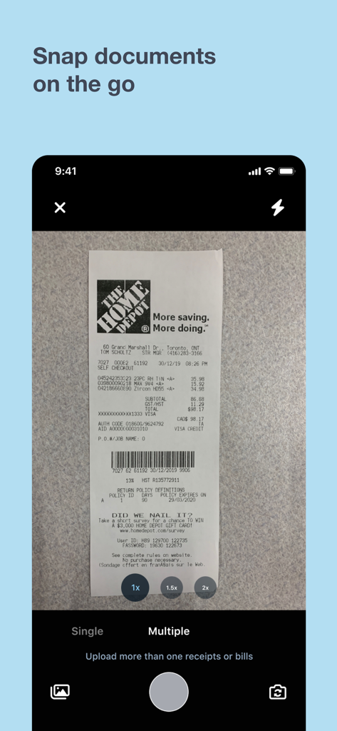 Interface do aplicativo móvel Hubdoc capturando uma foto de um recibo comercial