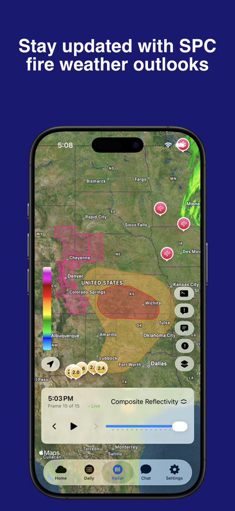 WeatherAI - Forecast & Radar - Radar interactivo de la aplicación WeatherAI que muestra los pronósticos de clima de incendios del SPC para los Estados Unidos.
