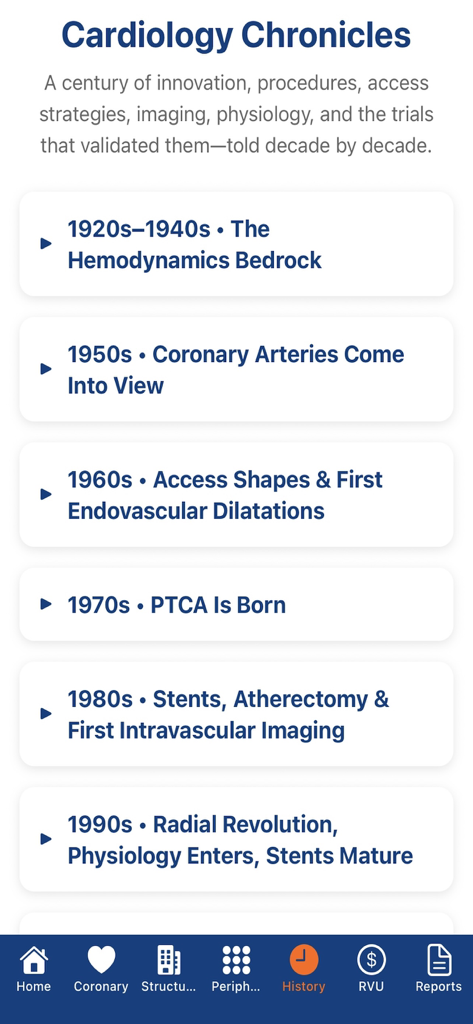 Interventional Cardiology Hub - A screen within the Interventional Cardiology Hub app showing a decade by decade historical timeline of cardiology innovations titled Cardiology Chronicles.