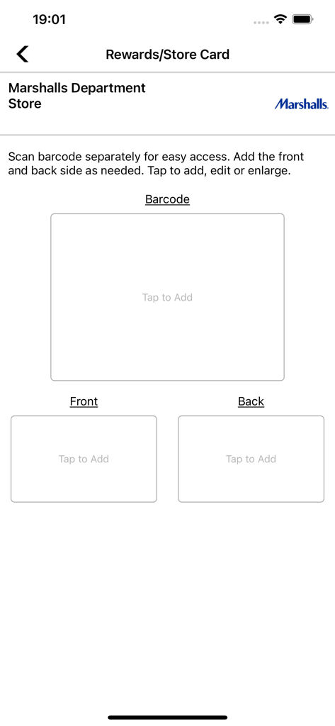 Card Yard - Interface for adding a Marshalls department store reward card with sections to scan a barcode and upload front and back photos.