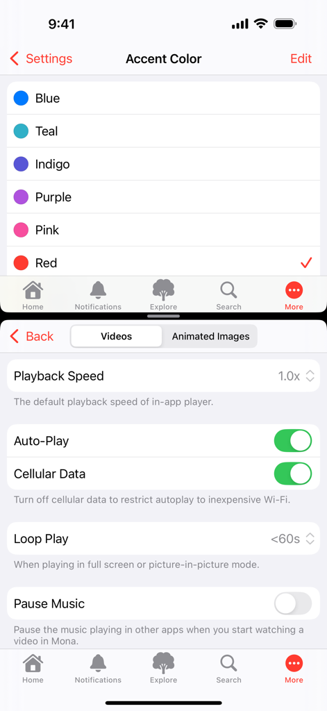 Mona Classic - Settings screens of Mona Classic showing accent color selection and video playback options like auto play and loop play.