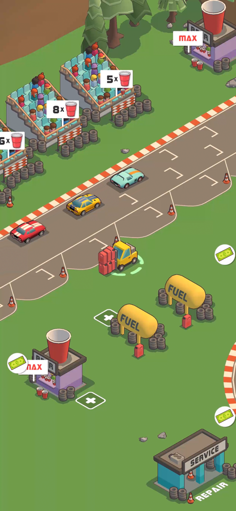 Car Speed Racing - Idle Tycoon - Isometric view of a racing track with cars and spectator stands in Car Speed Racing Idle Tycoon