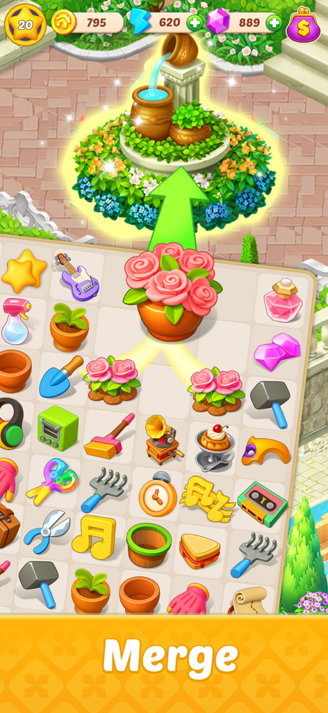Happy Merge House - Gameplay screen of Happy Merge House showing two rose bushes merging to upgrade a garden fountain