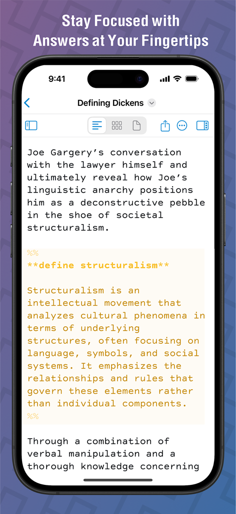 Highland Pro app interface on an iPhone showing the integrated Lookup feature with a definition of structuralism inside a script.
