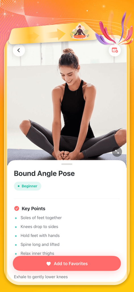 Panas - Echo & Share - A screenshot of the Panas yoga app showing details for the Bound Angle Pose, including key movement points, a beginner difficulty tag, and an Add to Favorites button.