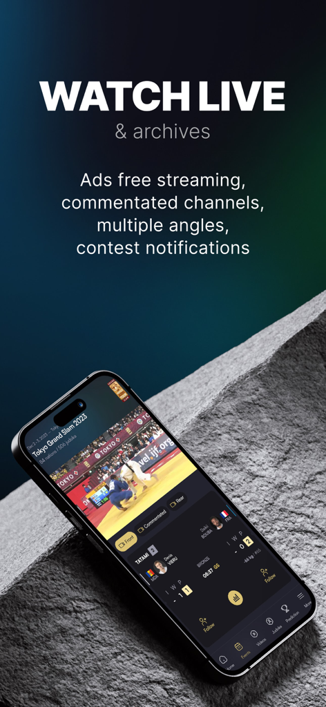Smartphone displaying a live judo competition match on the JudoTV app with promotional text for ad-free streaming and archives.