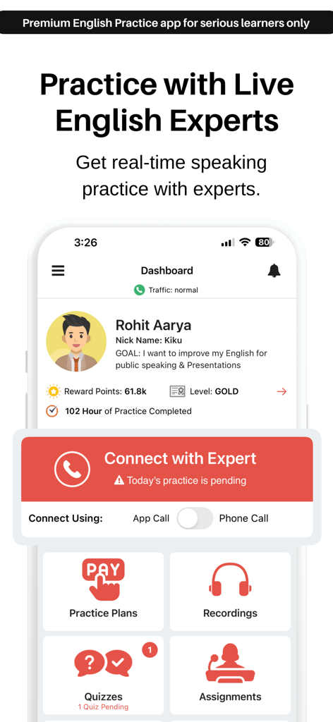 EngVarta: English Speaking App - ライブの専門家との1対1の英語スピーキング練習のためのEngVartaアプリダッシュボード