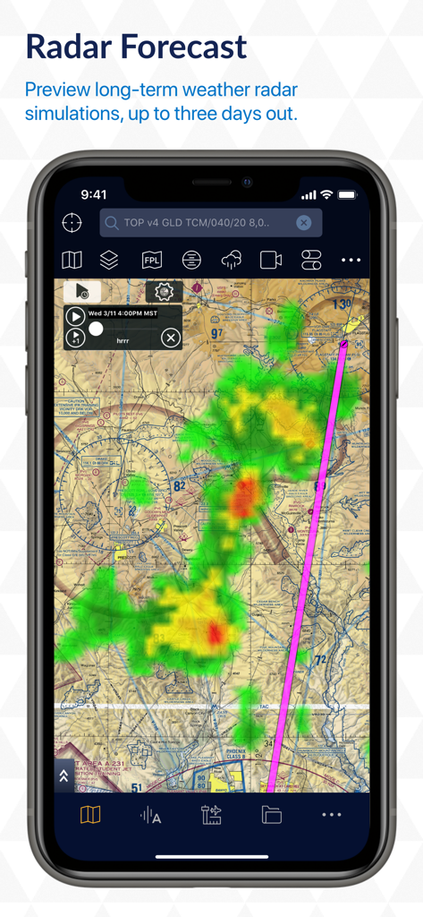 Stratus Insight EFB - Stratus Insight EFB app displaying a radar forecast simulation overlay on an aviation map.