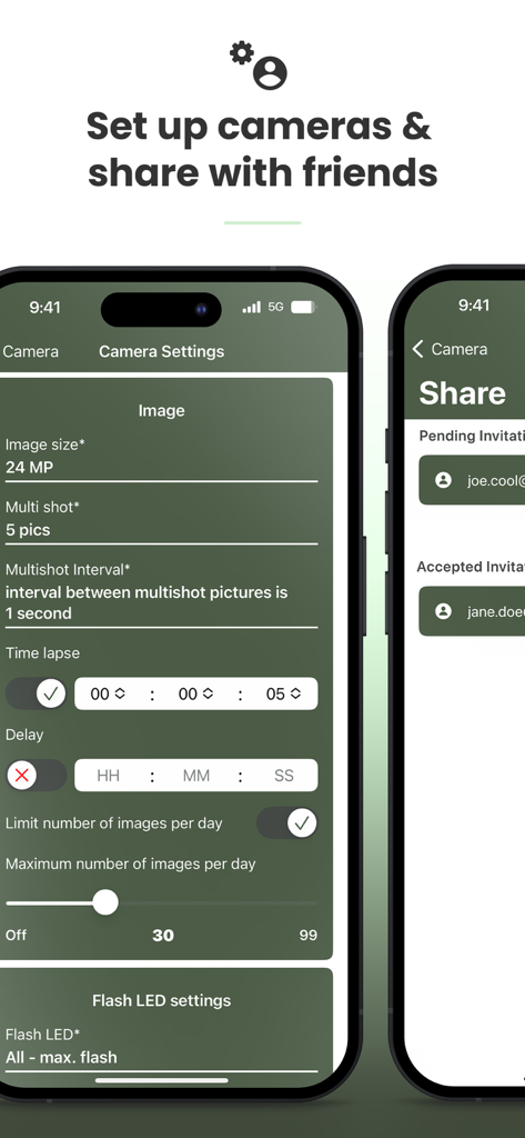 Mobile app interface showing trail camera image settings and the feature to share access with friends.