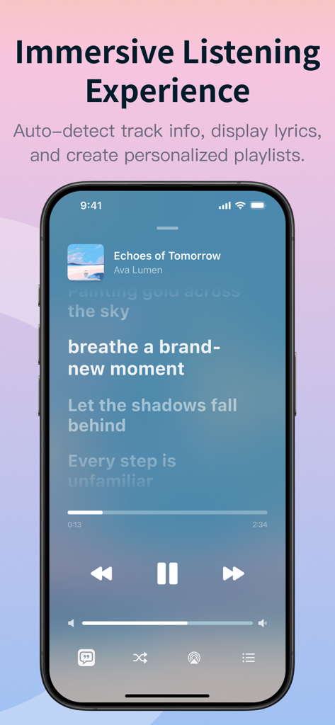 Offline Music-Player & Library - Smartphone screen showing a music player interface with synchronized lyrics and playback controls