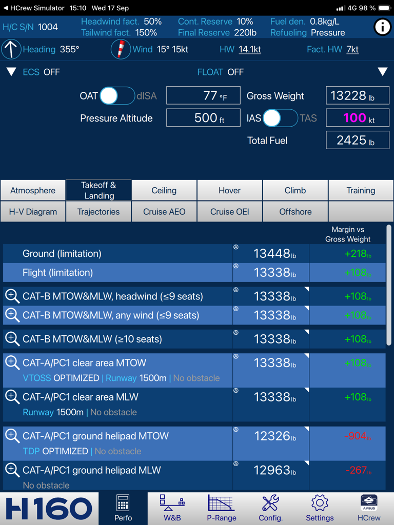 H160 Flight Perfo - Airbus H160 flight performance app displaying takeoff and landing weight calculations and safety margins