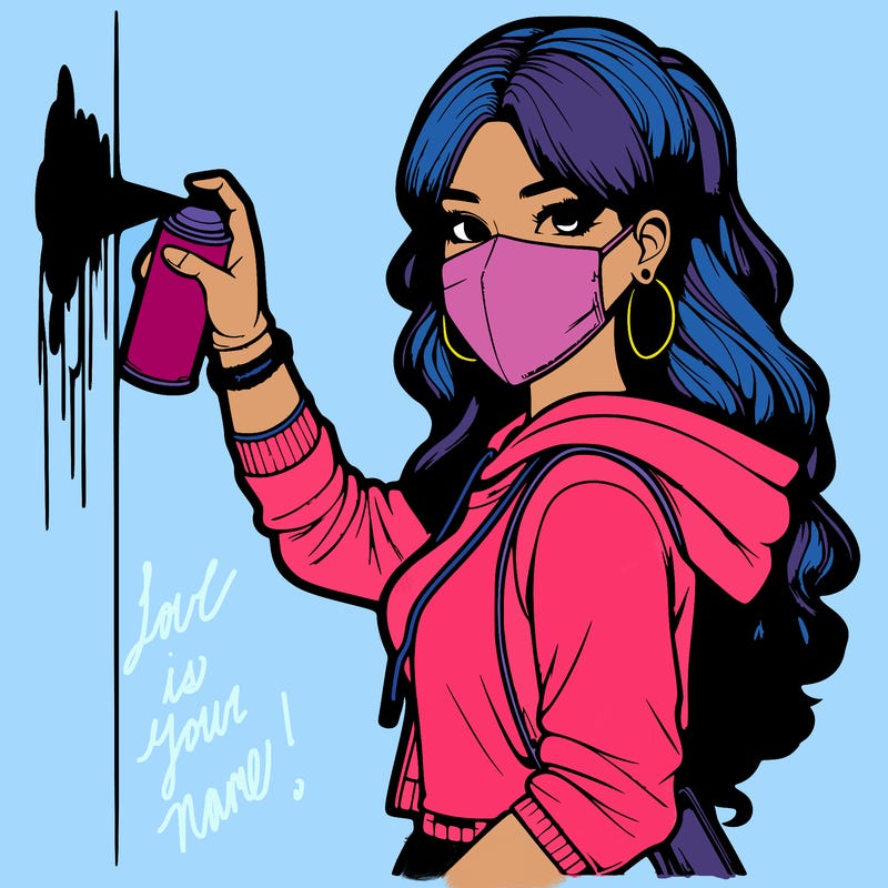 realistic girl with mask spray painting a wall