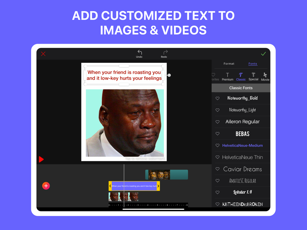Interface for adding customized text and choosing fonts in a meme editor