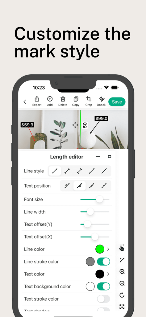 Interface of SizeSnap app showing options to customize measurement line styles and text colors