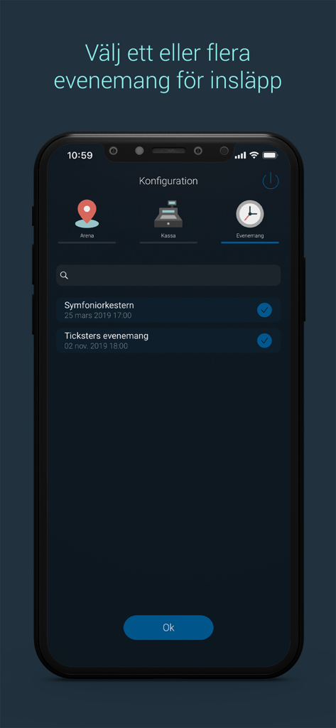 Tickster BoxPoint Mobile - Event configuration screen in the Tickster BoxPoint Mobile app for selecting entry events