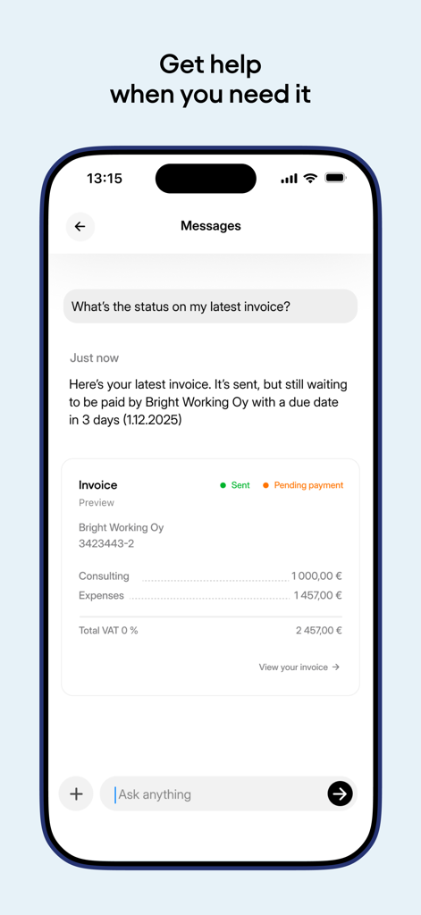 Truster Invoicing service - Chat interface in Truster app showing an invoice status update