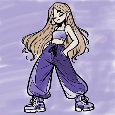 girl in baggy pants crop top and long hair