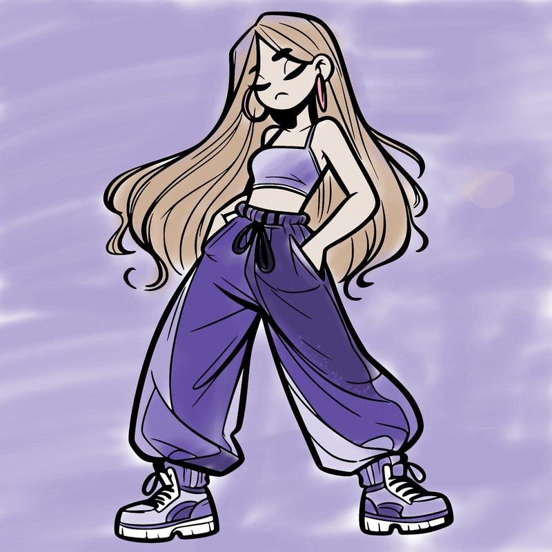 girl in baggy pants crop top and long hair