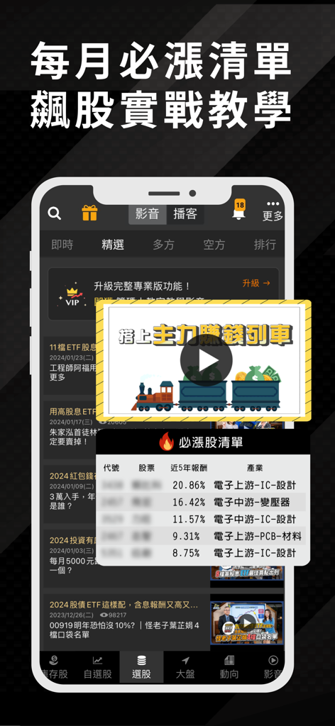 股市籌碼K線 - 快速找出主力籌碼飆股 - Interfaz de la aplicación Stock Chip K-Line que muestra una lista de acciones que suben mensualmente y tutoriales en video de trading