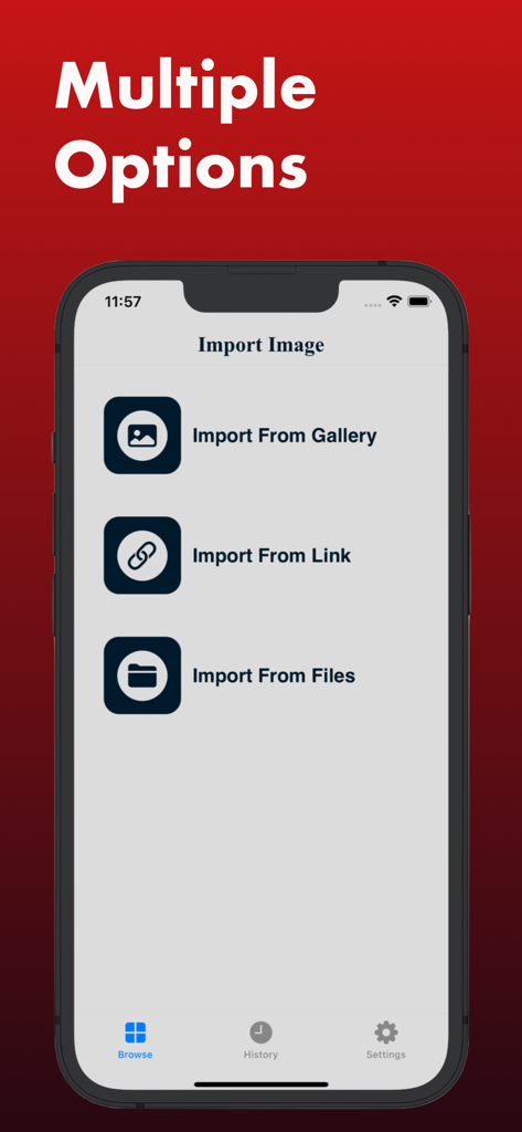 HEIC to JPEG : image converter - Interfaccia del convertitore HEIC in JPEG che mostra le opzioni per importare immagini dalla galleria, link o file.