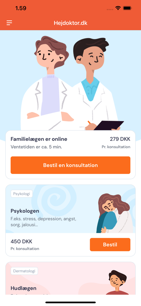 Hejdoktor.dk - Hejdoktor app interface showing booking options for online doctors and psychologists