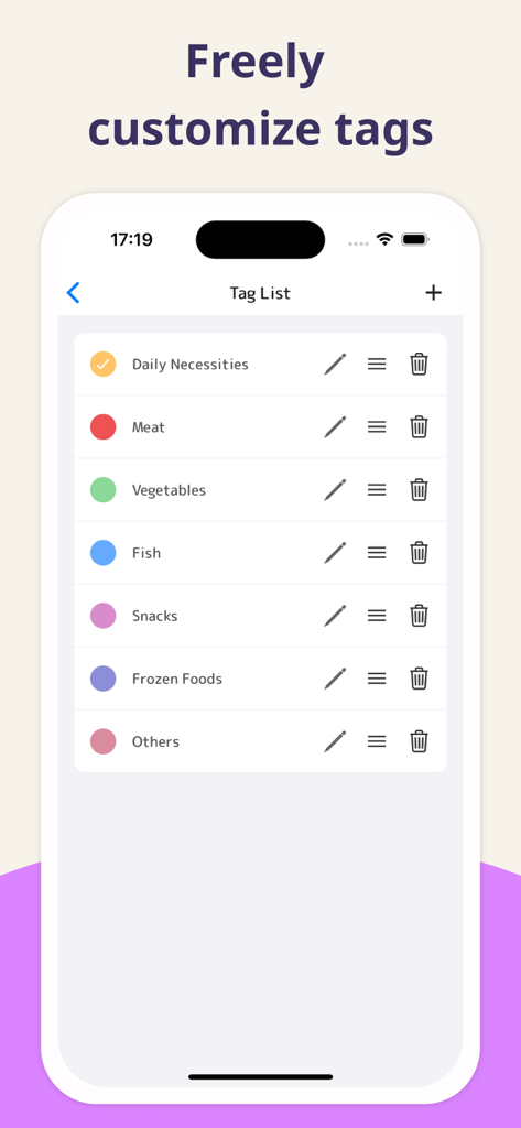 Shopii – Grocery Shopping List - Shopii 앱의 화면으로 육류, 채소, 간식 등 사용자 정의 가능한 색상 코드 식료품 태그 목록 표시