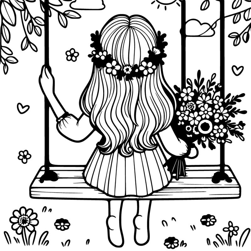 girl sitting on a swing backwards with flowers in her hands