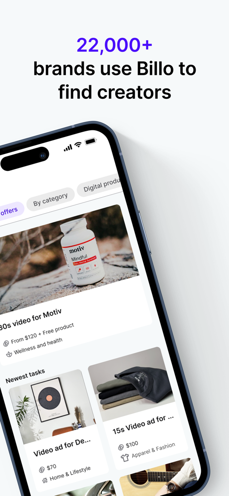 Billo Creator - Sell Content - Billo Creatorアプリの画面には、さまざまなブランドの求人オファーとクリエイター向けのビデオタスクが表示されます