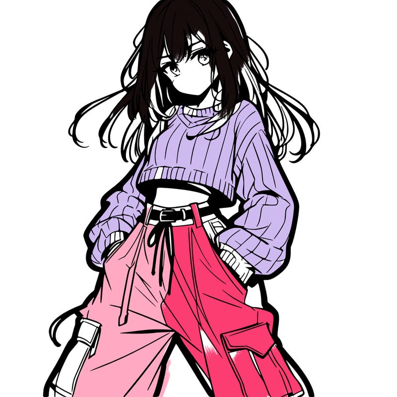 anime teen girl with baggy pants and crop top with sweater