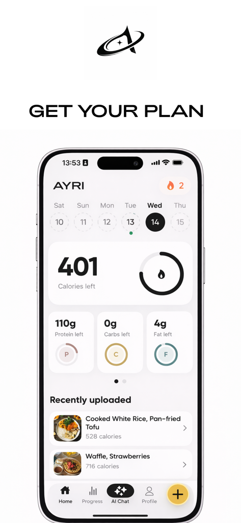 Interfaz de la aplicación AYRI que muestra el panel de seguimiento diario de calorías y macronutrientes con los objetivos restantes