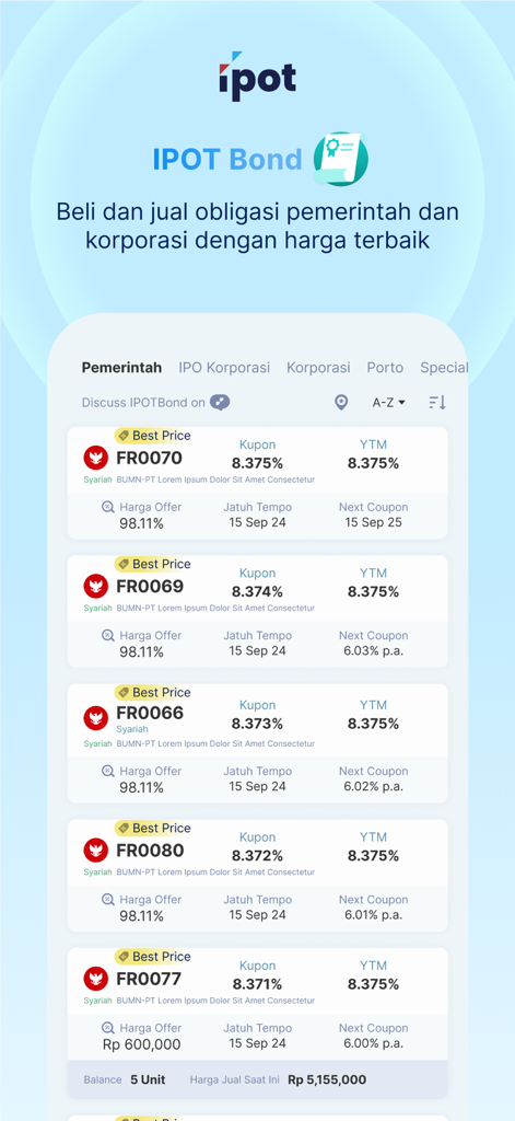 Mobile app screen showing a list of Indonesian government bonds with coupon rates and yield information