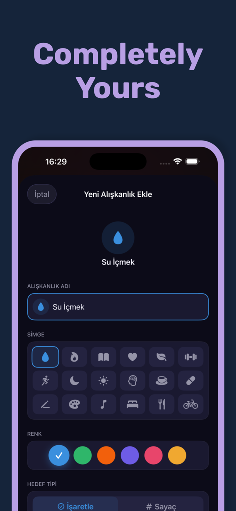 Streakly: Daily Habit Tracker - The Streakly app habit creation screen with icon and color selection options