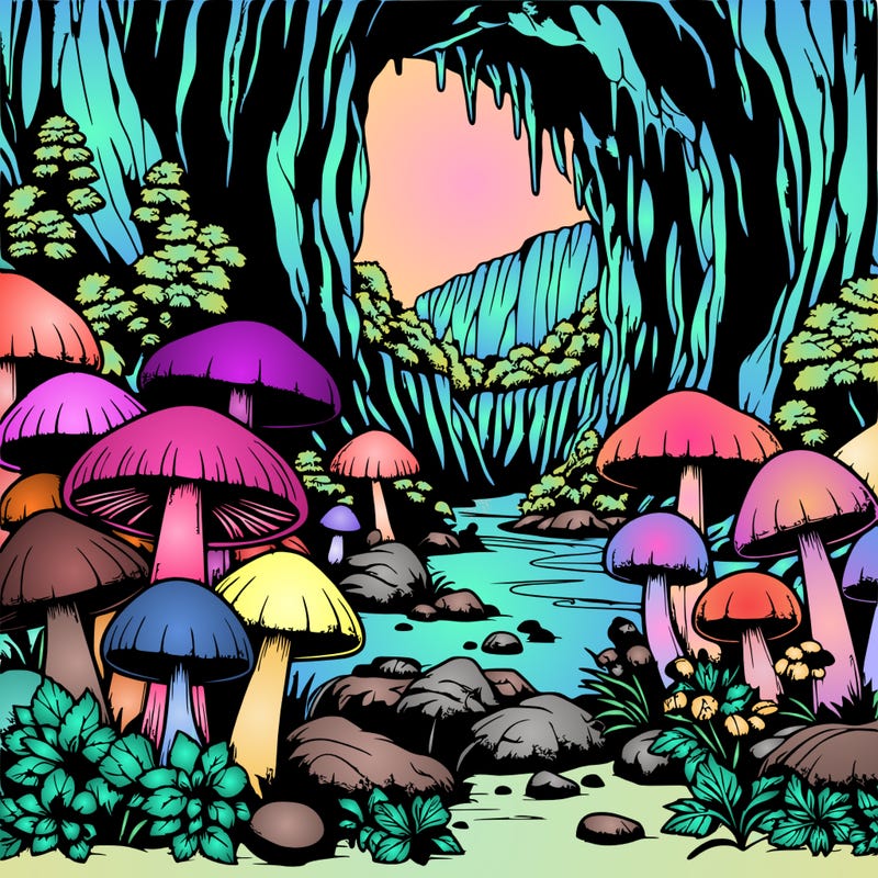 realistic cave full of beautiful mushrooms