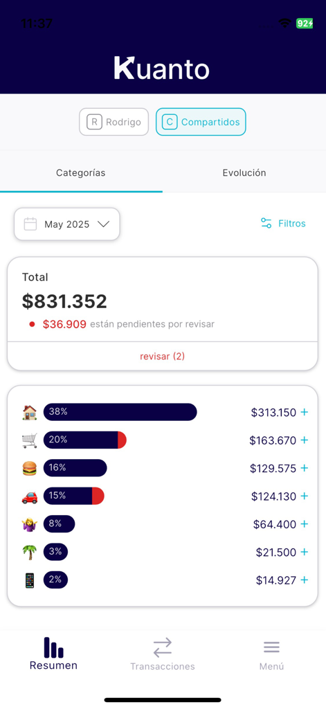 Kuanto - Kuanto app interface displaying a summary of monthly expenses by category