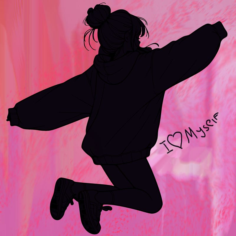 realistic girl jumping with a bun and oversized sweatshirt