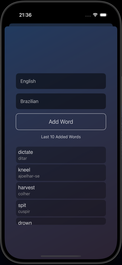 Brazilian Portuguese Verbs - A mobile app screen for adding new Portuguese verbs with their English translations
