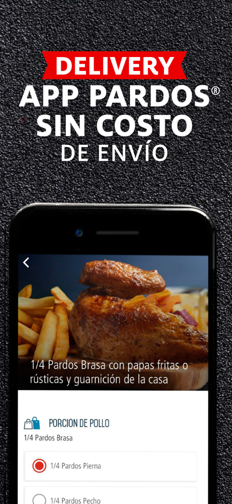 Pardos Chicken app interface showing a roasted chicken meal and a free delivery announcement
