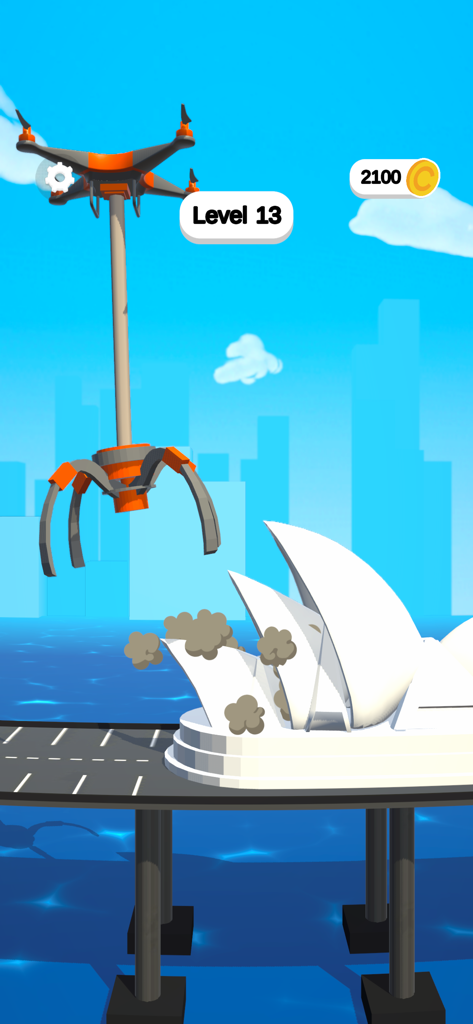 Claw Builder: Drone Machine - A builder drone using a mechanical claw to repair a monument in the Claw Builder mobile game.