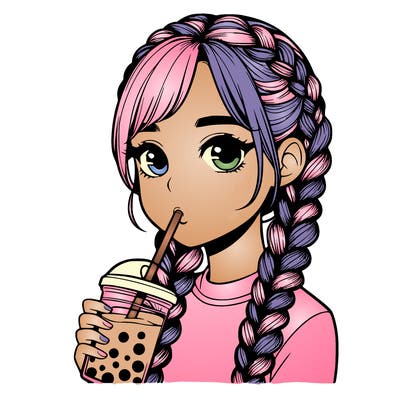 realistic girl with braided hair drinking boba