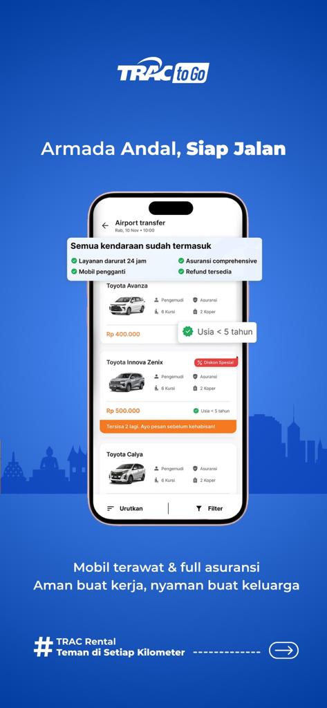 TRACtoGo: Rental Mobil & Bus - Captura de tela do aplicativo TRACtoGo mostrando opções de aluguel de carros para traslado de aeroporto na Indonésia com motoristas profissionais e detalhes do seguro