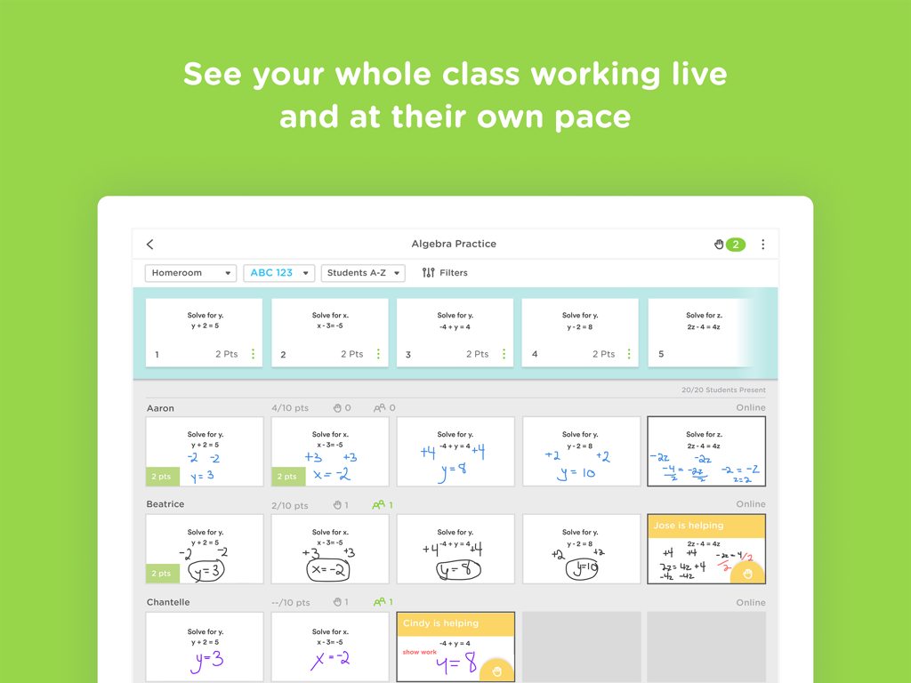 A teacher's view in Classkick showing a whole class working live on algebra assignments.