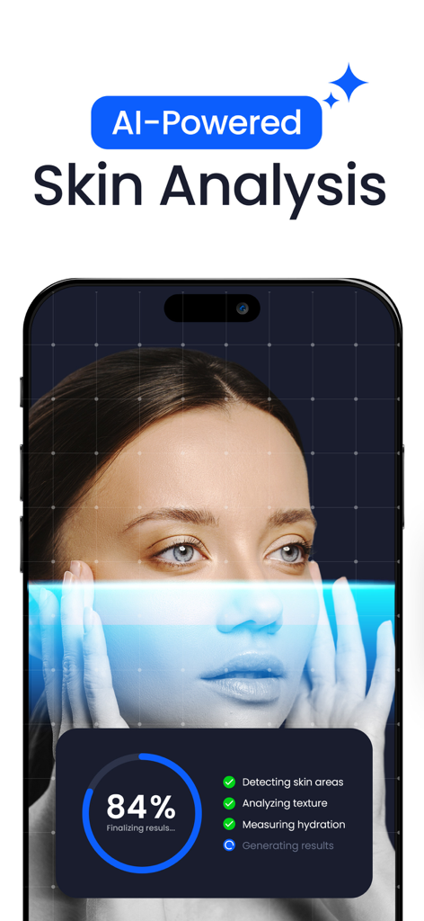AI Skin Scanner Face Analyzer - App scanner pelle AI che esegue un'analisi del viso per la texture e l'idratazione della pelle