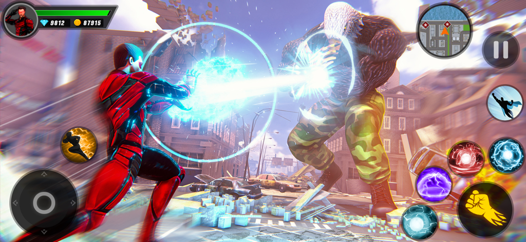 GT Gangster Monster Survival - Superheld im roten Anzug feuert einen blauen Energieblitz auf ein riesiges Adler-Monster auf einer Stadtstraße ab