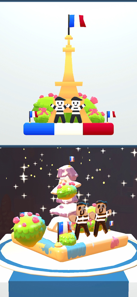 Nailed It! Baking Bash - A comparison between a perfect cake blueprint and a humorous messy recreation in the Nailed It Baking Bash mobile game