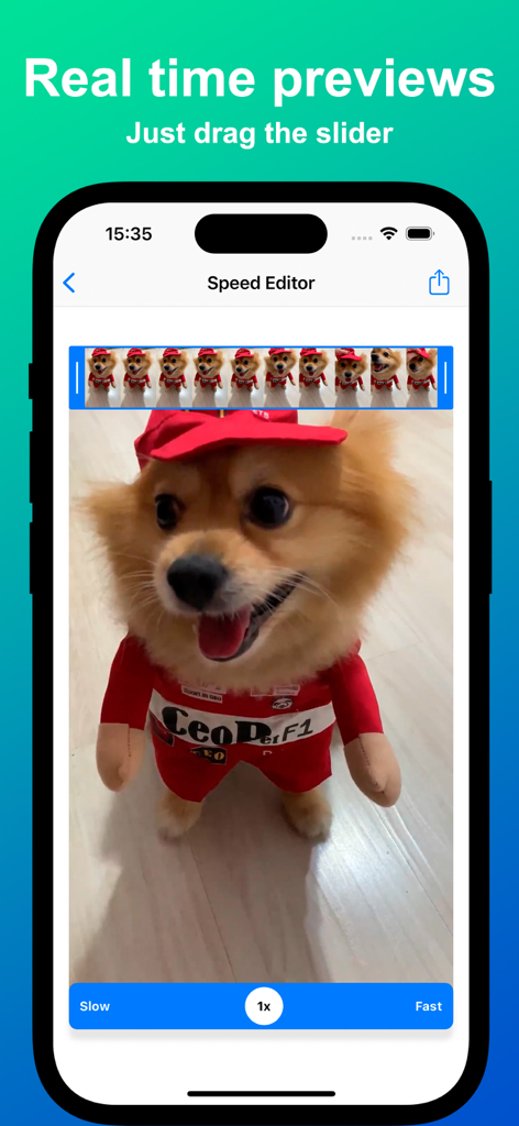 Real time video speed editing interface with a slider tool and video preview