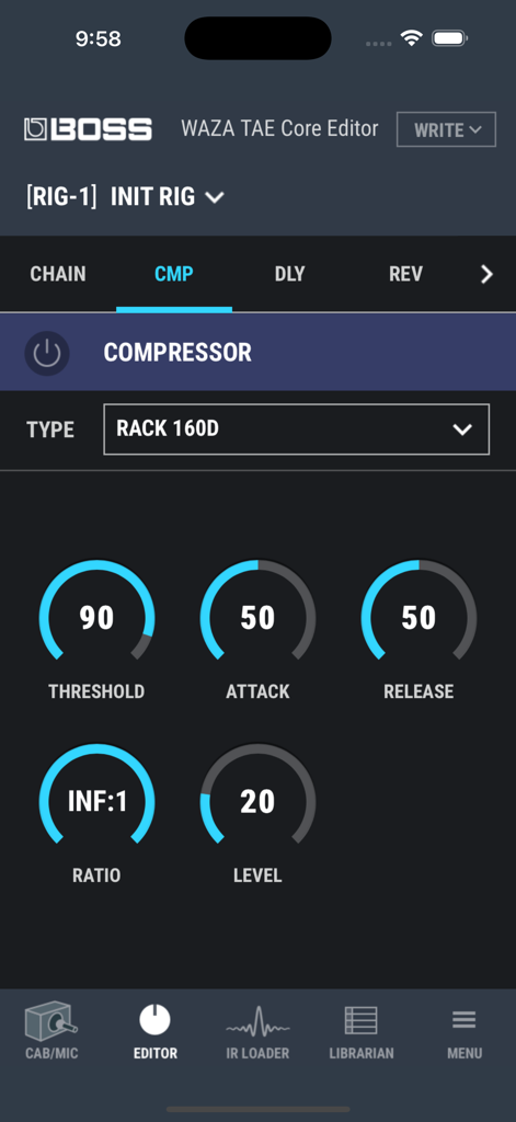WAZA TAE Core Editor - Captura de pantalla de la aplicación WAZA TAE Core Editor mostrando la configuración del efecto de compresor con diales ajustables para el umbral y el ataque.