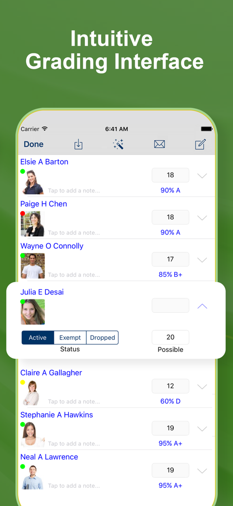 Interface intuitive de notation des étudiants dans l'application GradeBook Pro affichant les noms, photos et notes des étudiants.