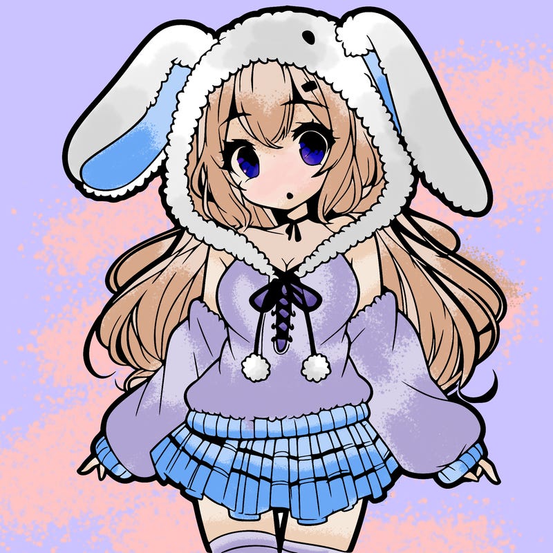 pretty anime girl wearing a fluffy hoodie with bunny ears on the hood and a skirt