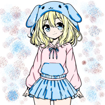 pretty anime girl wearing a fluffy hoodie with bunny ears on the hood and a skirt