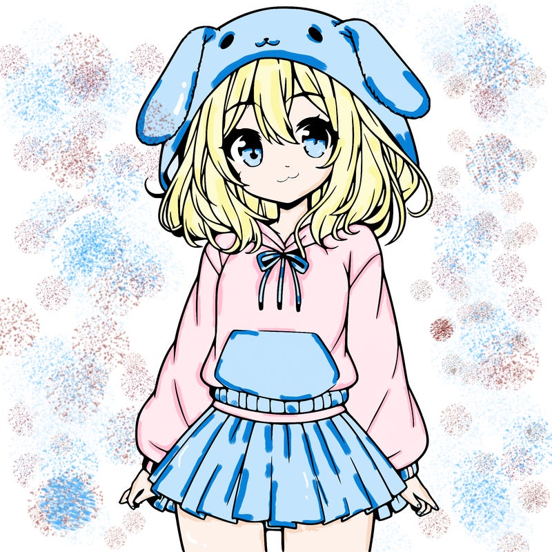 pretty anime girl wearing a fluffy hoodie with bunny ears on the hood and a skirt